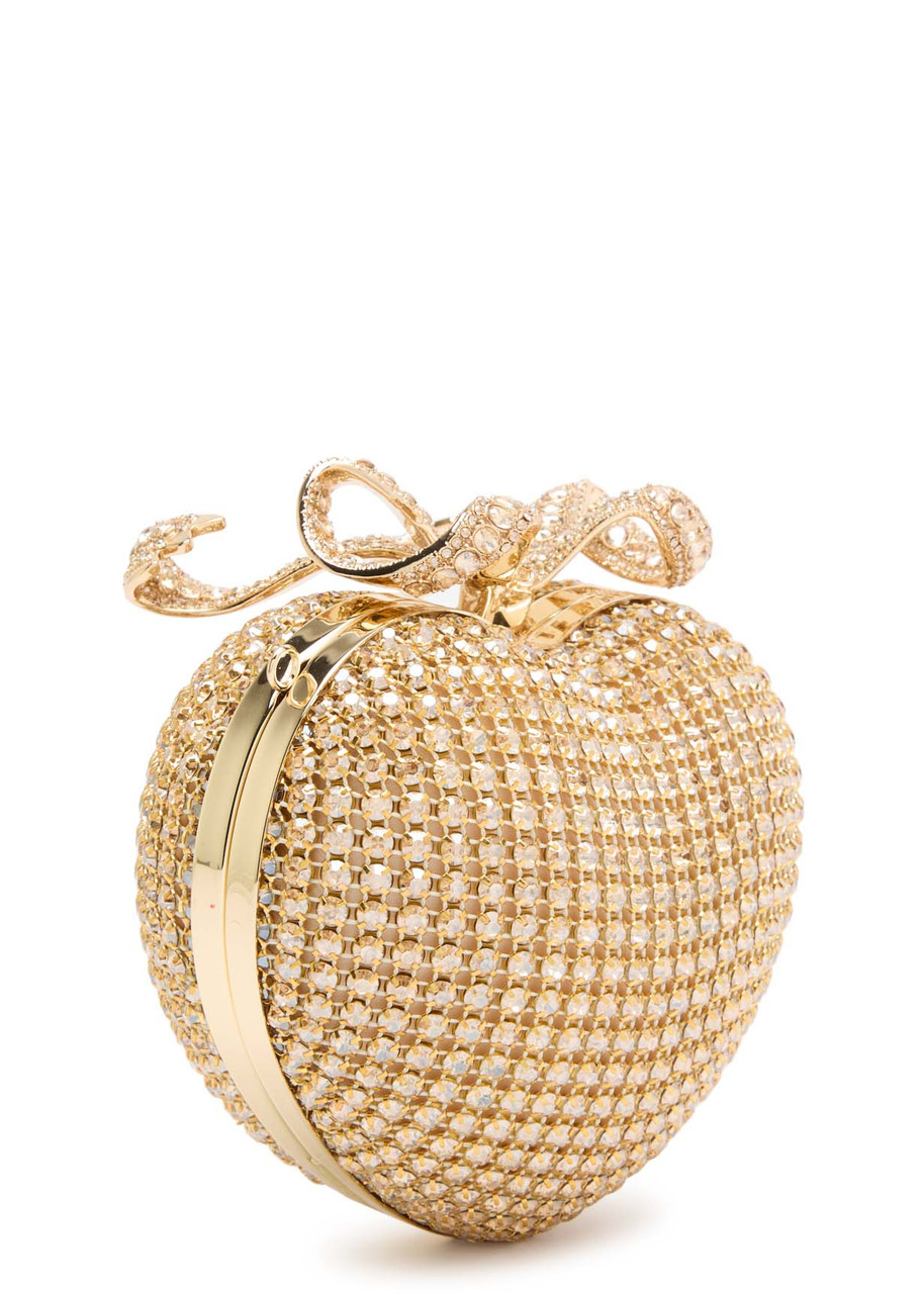 Self-portrait Heart Crystal-embellished Satin Clutch In Gold