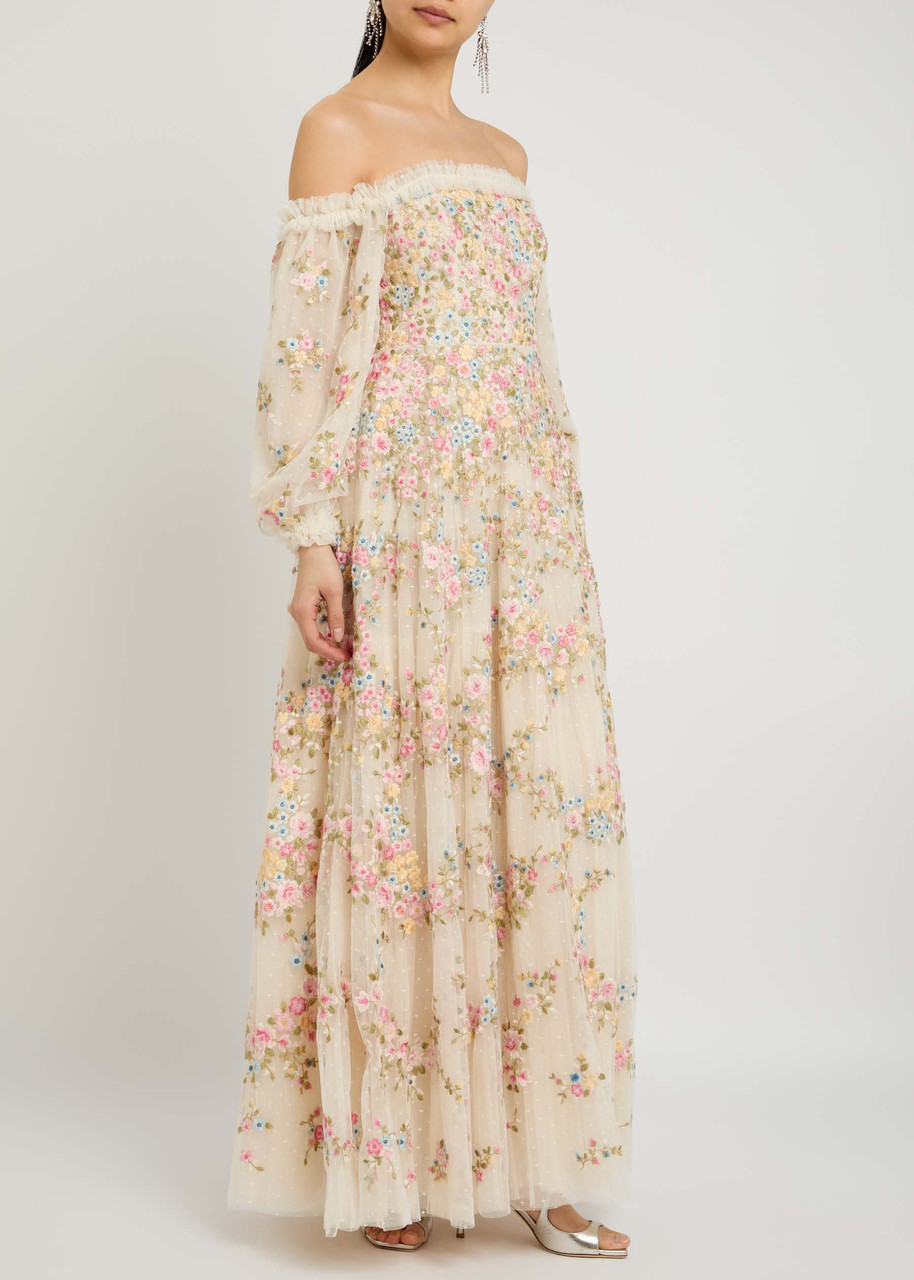 Needle & Thread Womens Lunaria Wreath Off-shoulders Woven Maxi Dress Cream In Cream