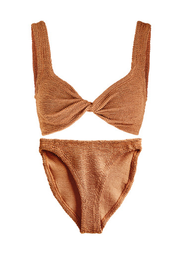 【HUNZA G】embellished seersucker ホールターネック ビキニ HUNZA G Domino embellished metallic seersucker swimsuit