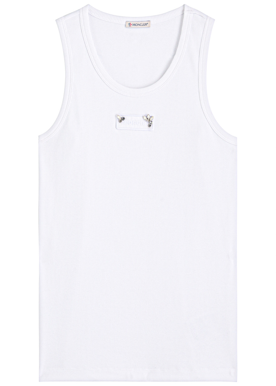 Moncler Crystal-embellished Logo Appliqué Stretch-cotton Tank In White