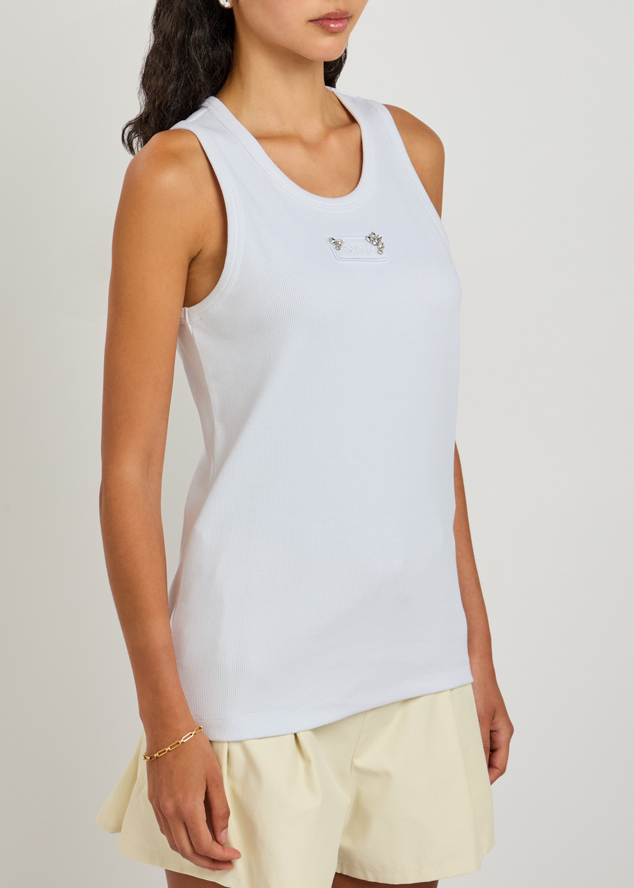 Moncler Crystal-embellished Logo Appliqué Stretch-cotton Tank In White