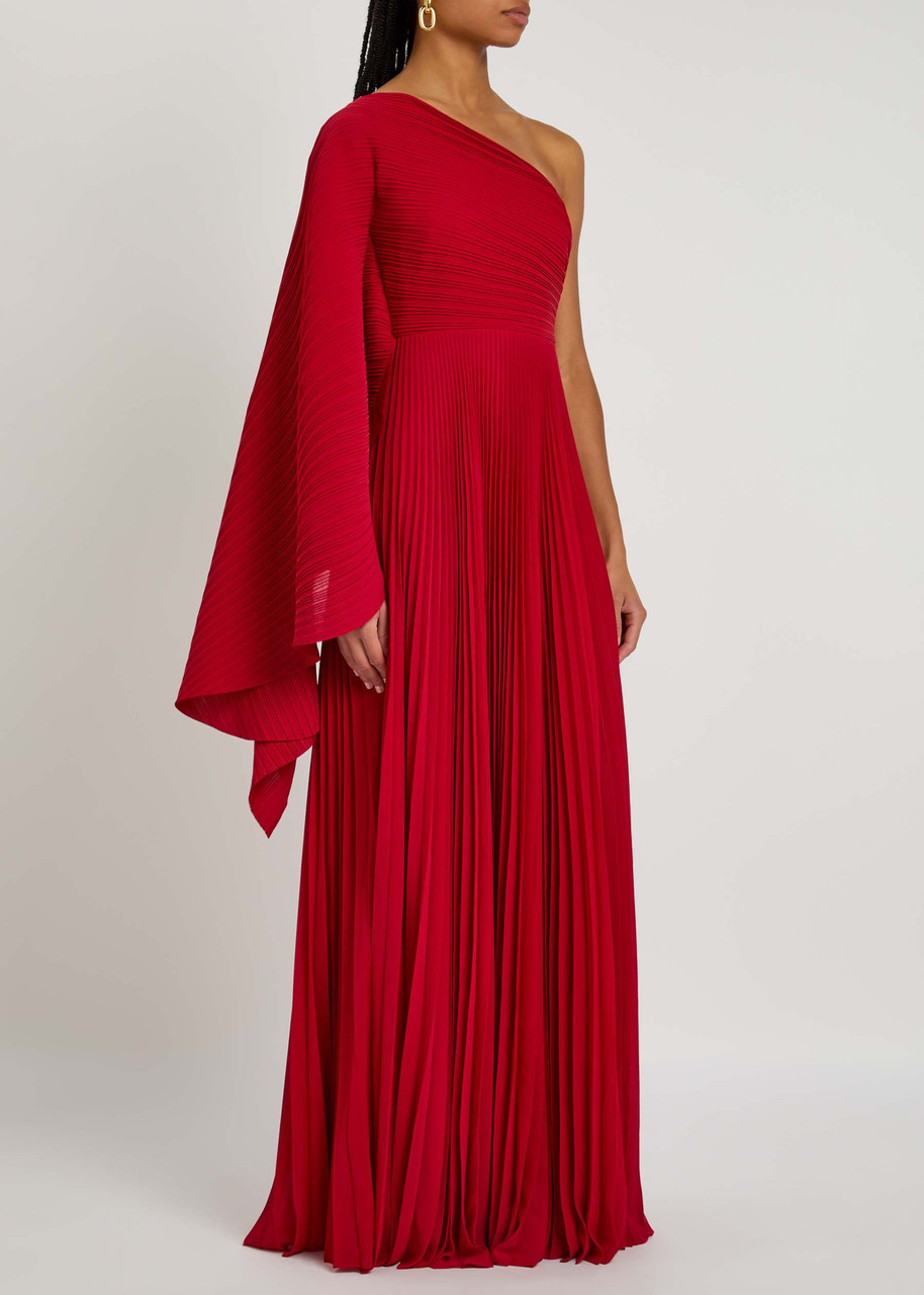 Solace London Draped One-shoulder Plissé Gown In Dark Red