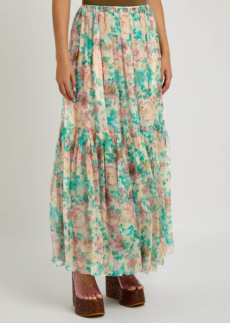Chloé Pleated Tiered Floral-print Silk-chiffon Maxi Skirt In Multicoloured 1