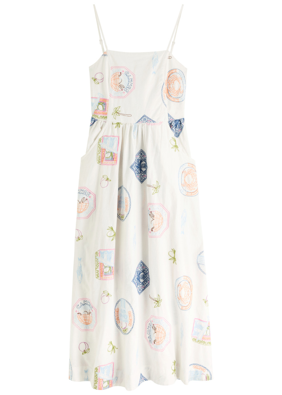 Damson Madder Peaches Embroidery Cotton-blend Midi Dress In Multicoloured