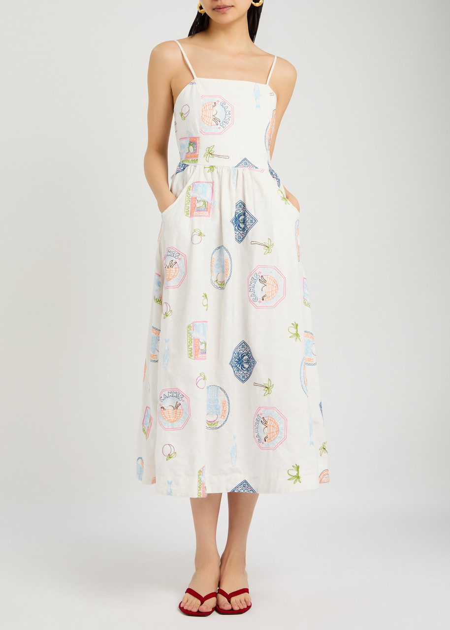 Damson Madder Peaches Embroidery Cotton-blend Midi Dress In Multicoloured