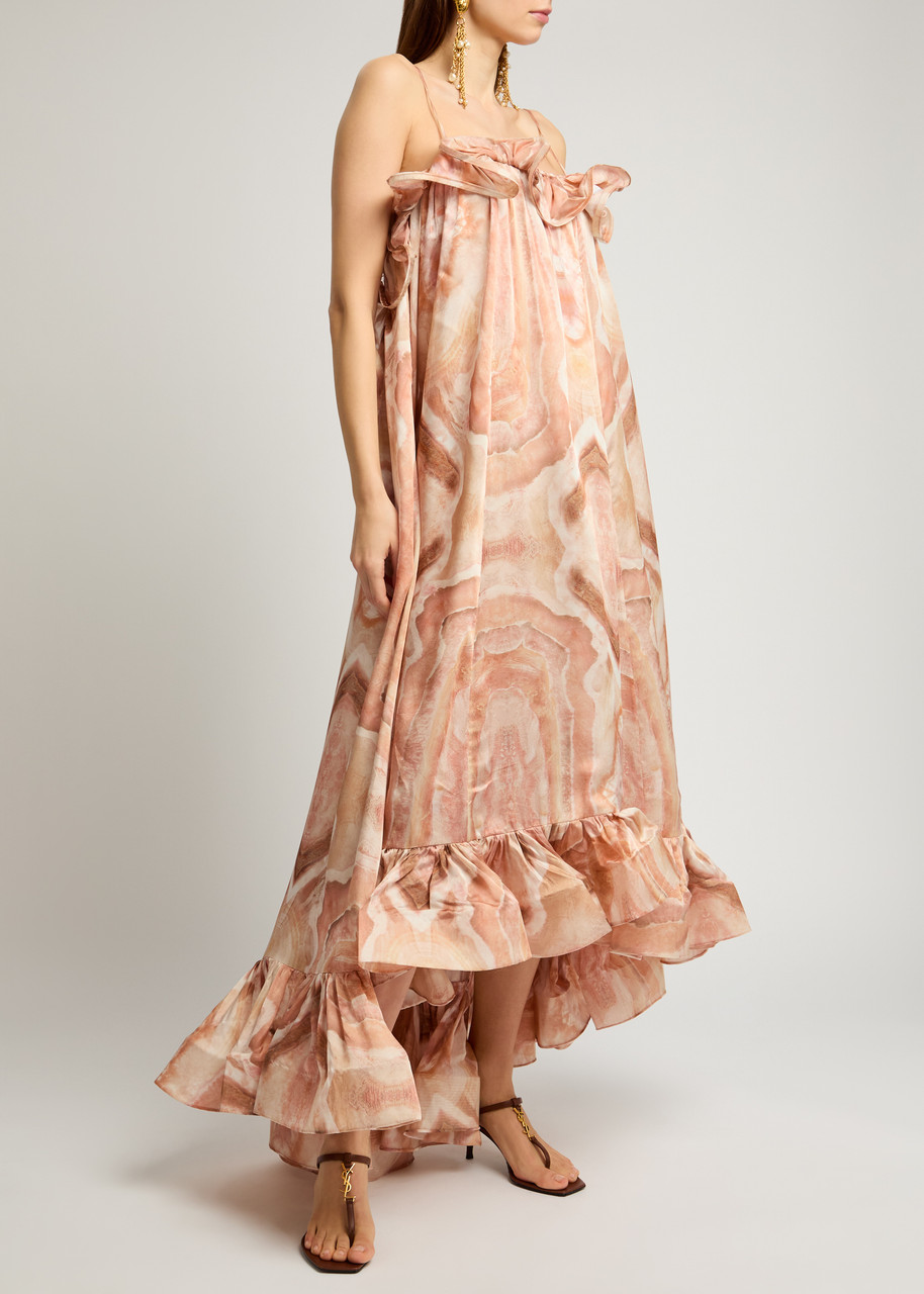 Zimmermann Illuminate Printed Ruffled Silk-satin Gown In Pink