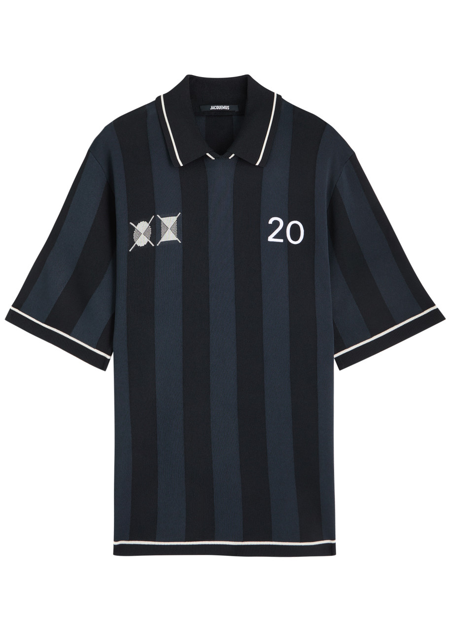 Jacquemus 'le Polo Liga' Blue Shirt With Maxi Rear Print And All-over Striped Motif In Gold
