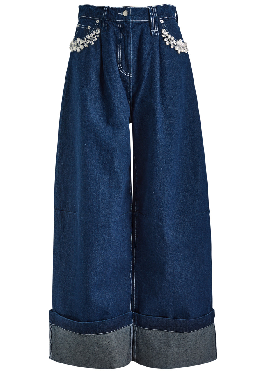 Simone Rocha Turbo Crystal Embellished Wide Leg Puddle Carpenter Jeans In Indigo