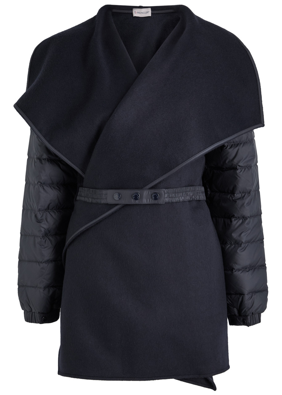Moncler Quilted Wool Cape Coat In Blue Dark