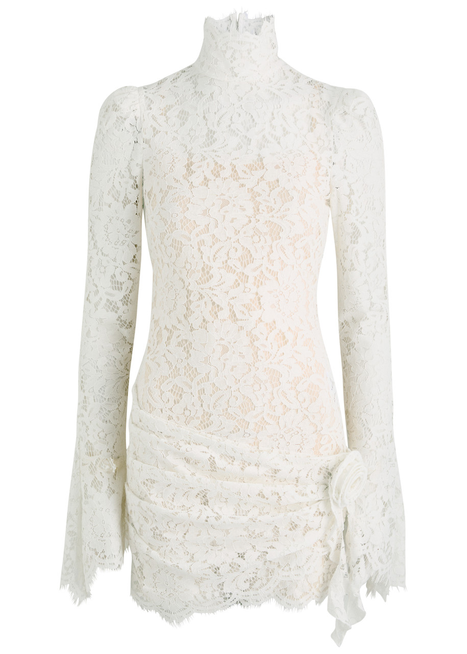DE LA Vali Bodita Rose-appliqué Lace Mini Dress - White - 14 (UK14 / L)