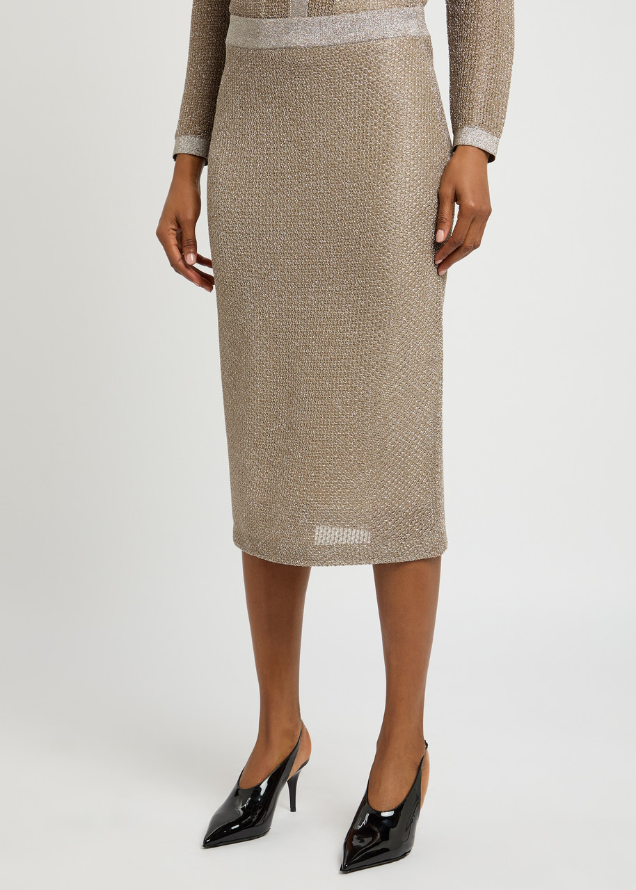 Tory Burch Lurex Mesh Midi Skirt In Metallic Gold