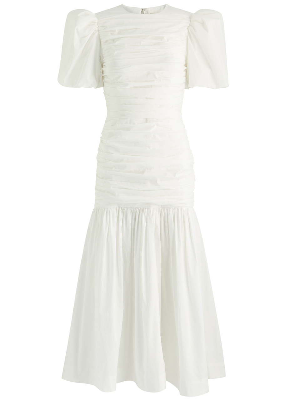 De La Vali Mencia Ruched Cotton Midi Dress In White
