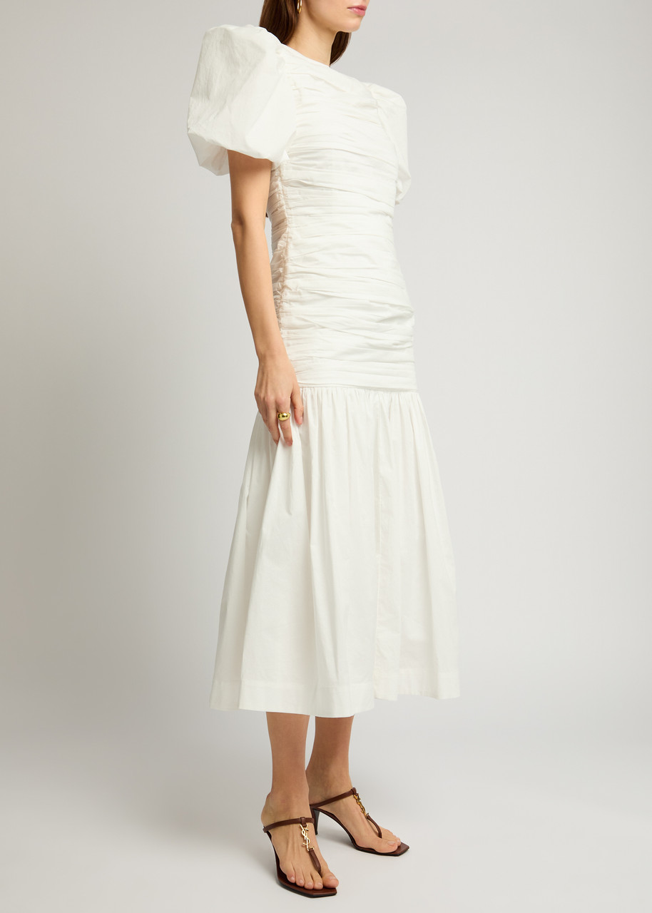 De La Vali Mencia Ruched Cotton Midi Dress In White