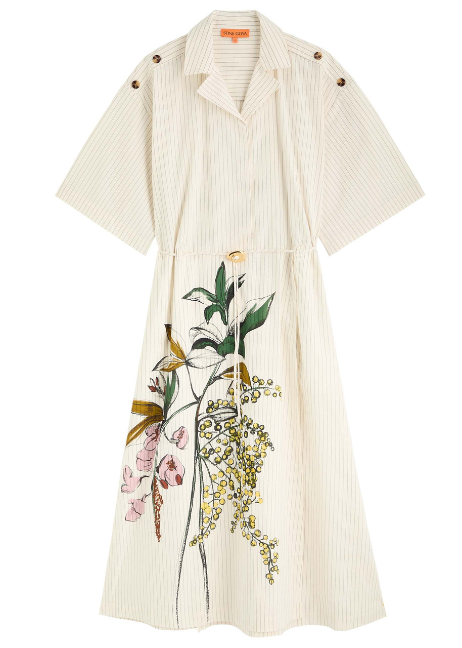 Stine Goya Striped Printed Cotton Midi Shirt Dress - Cream - M (UK12 / M)
