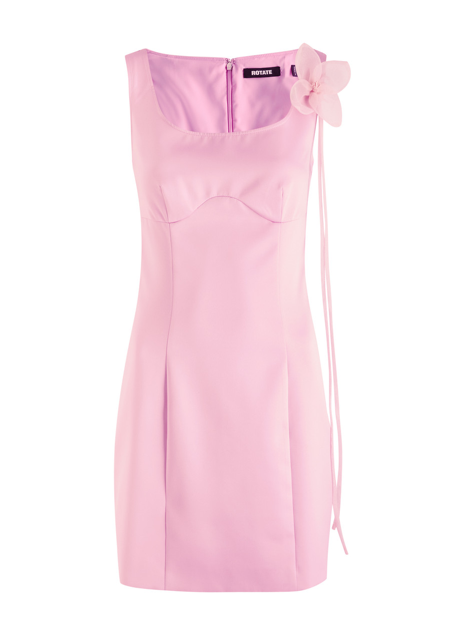 Rotate Birger Christensen Rotate Satin Flower Dress With Square Neckline In Light Pink