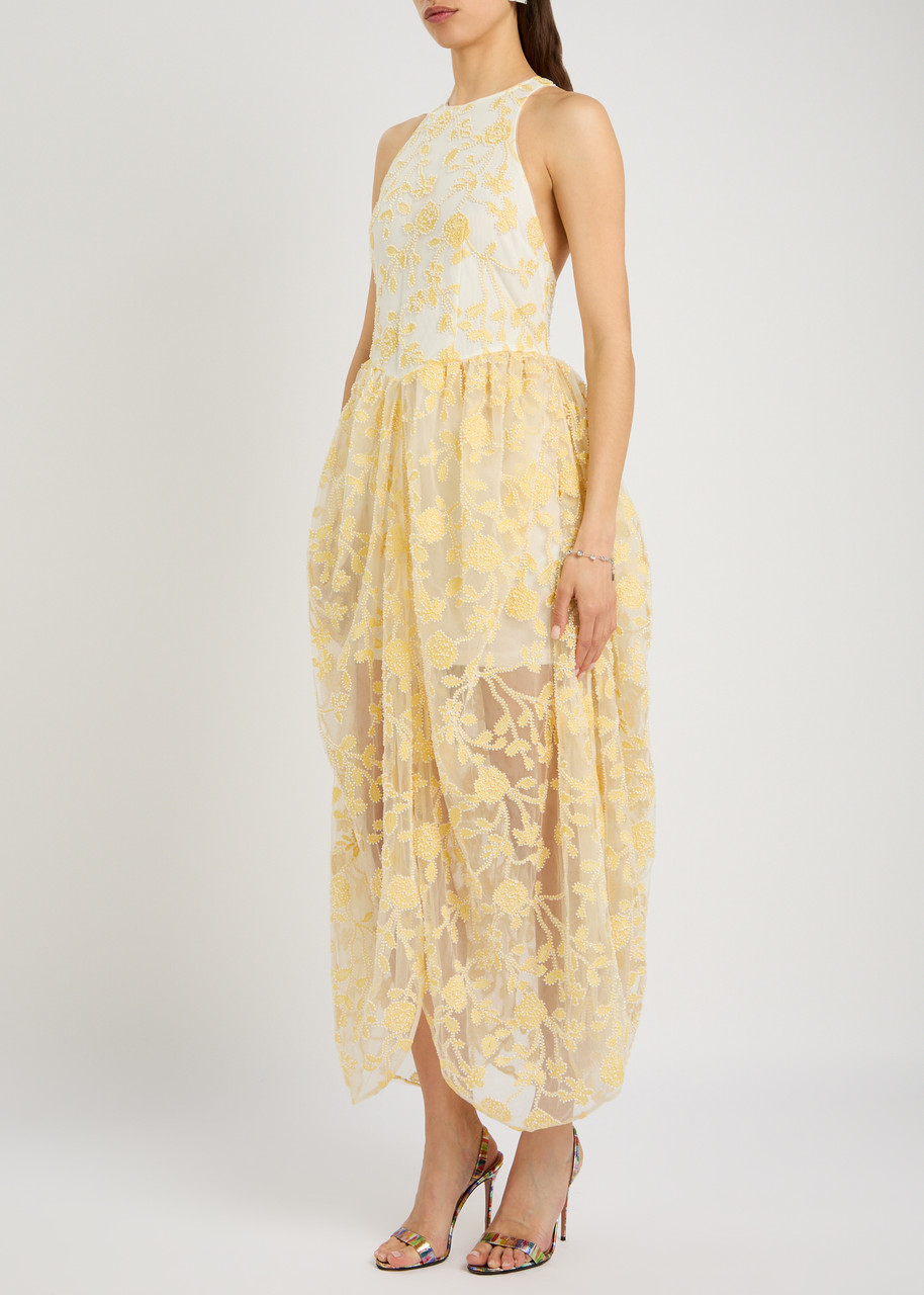 Rotate Birger Christensen Floral-embellished Tulle Midi Dress In Yellow