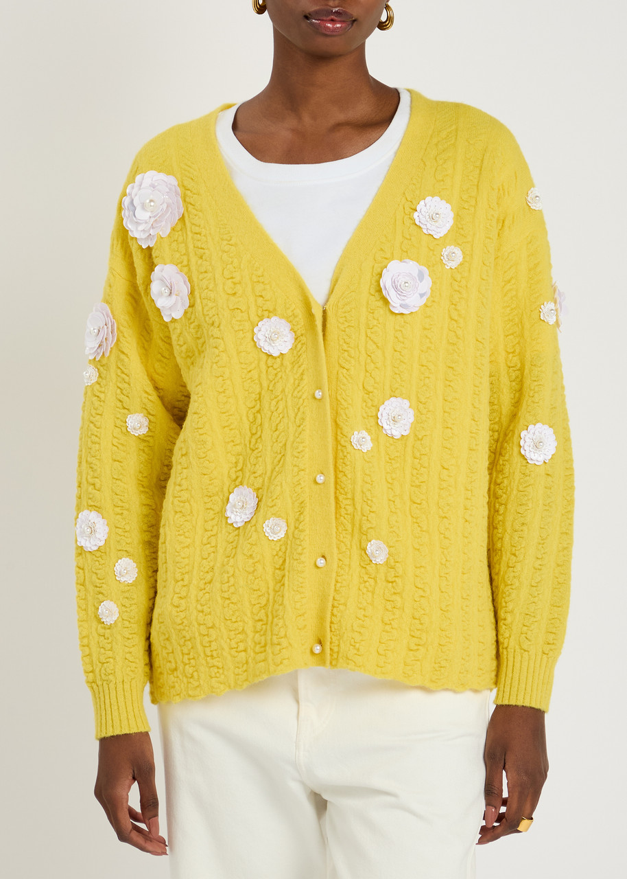 Bernadette Cammi Floral-embellished Wool-blend Cardigan In Yellow