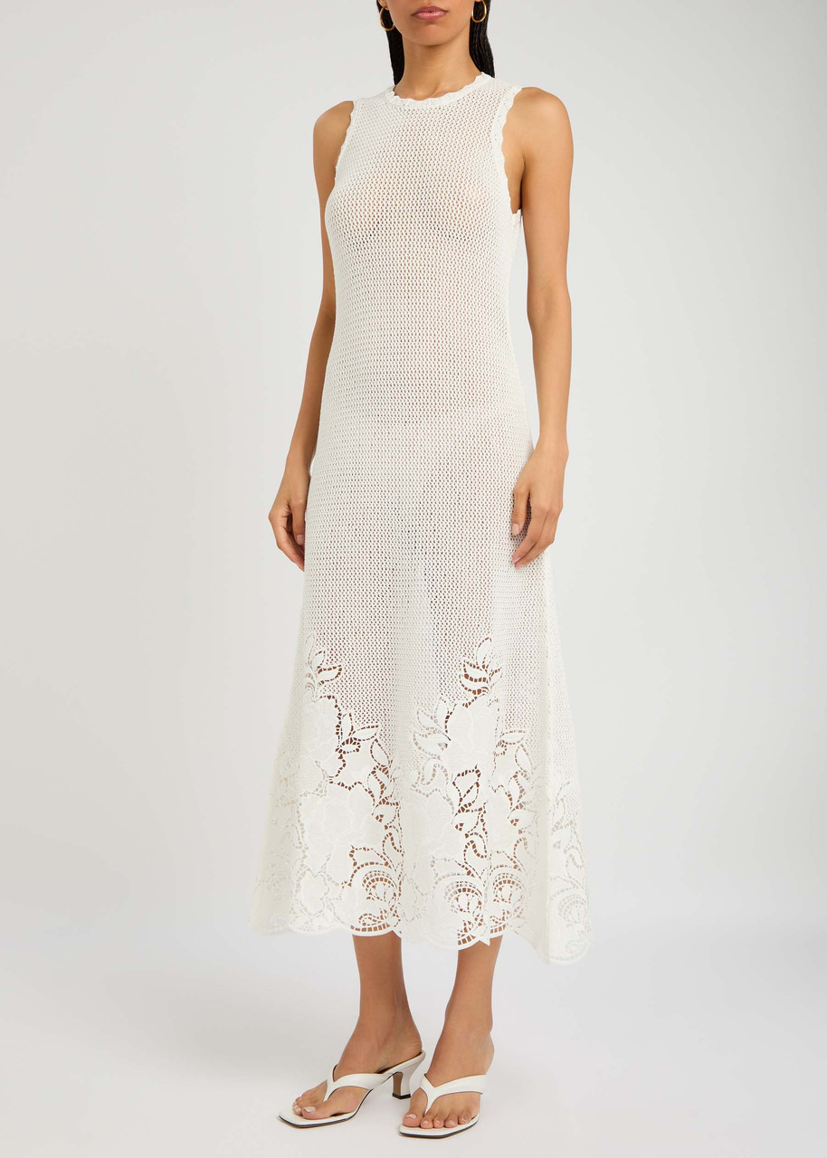 Erdem Floral-embroidered Open-knit Midi Dress In White