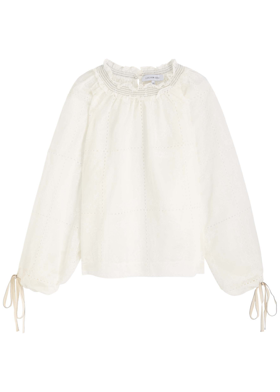 Lug Von Siga Mini Embroidered Semi-sheer Satin Blouse - Off White - 34 (UK6 / XS)