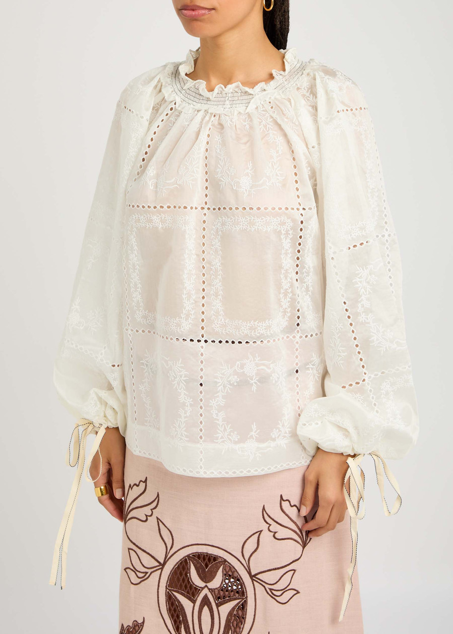 Lug Von Siga Mini Embroidered Semi-sheer Satin Blouse In Off White