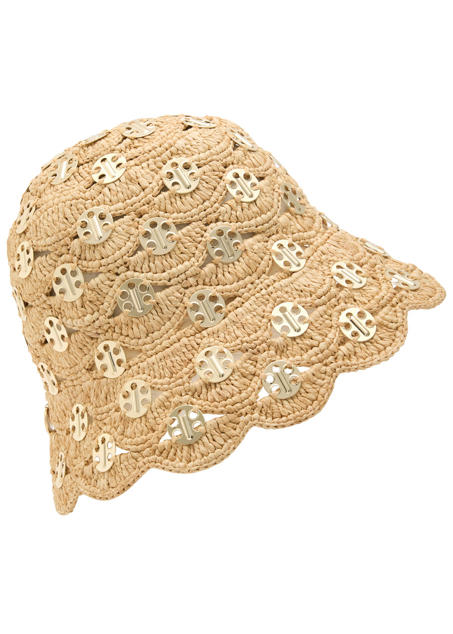 Rabanne Embellished Scalloped Crocheted Raffia Bucket Hat In Natural