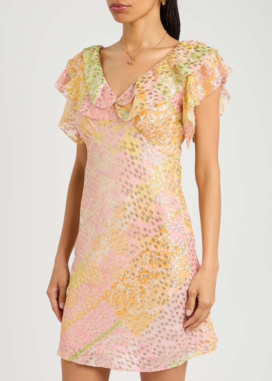 Never Fully Dressed Tilda Printed Chiffon Mini Dress In Pink