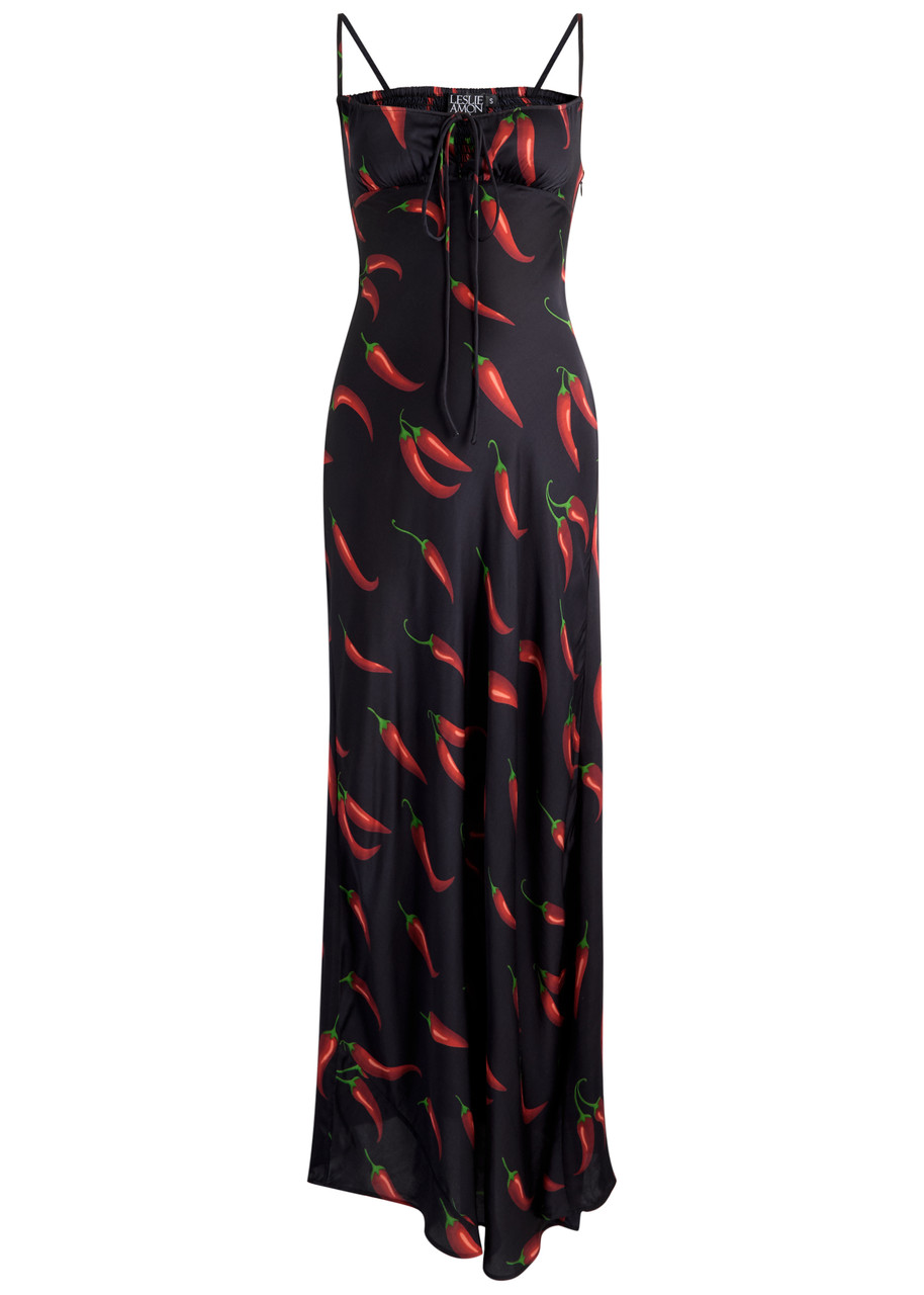 Leslie Amon Printed Satin Maxi Slip Dress - Black - M (UK12 / M)