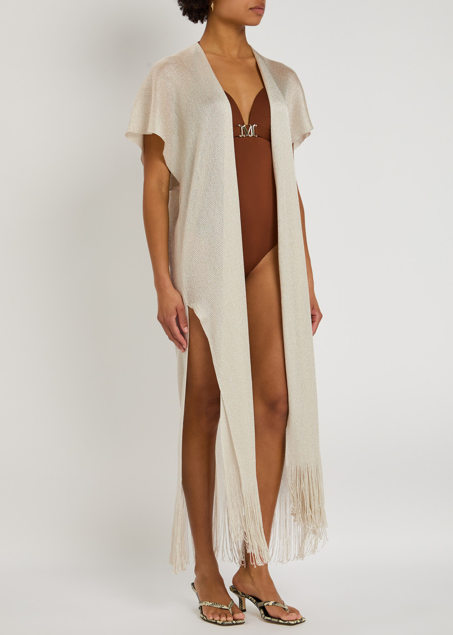 Max Mara Beachwear Zerella Metallic Fringed Robe In Ivory