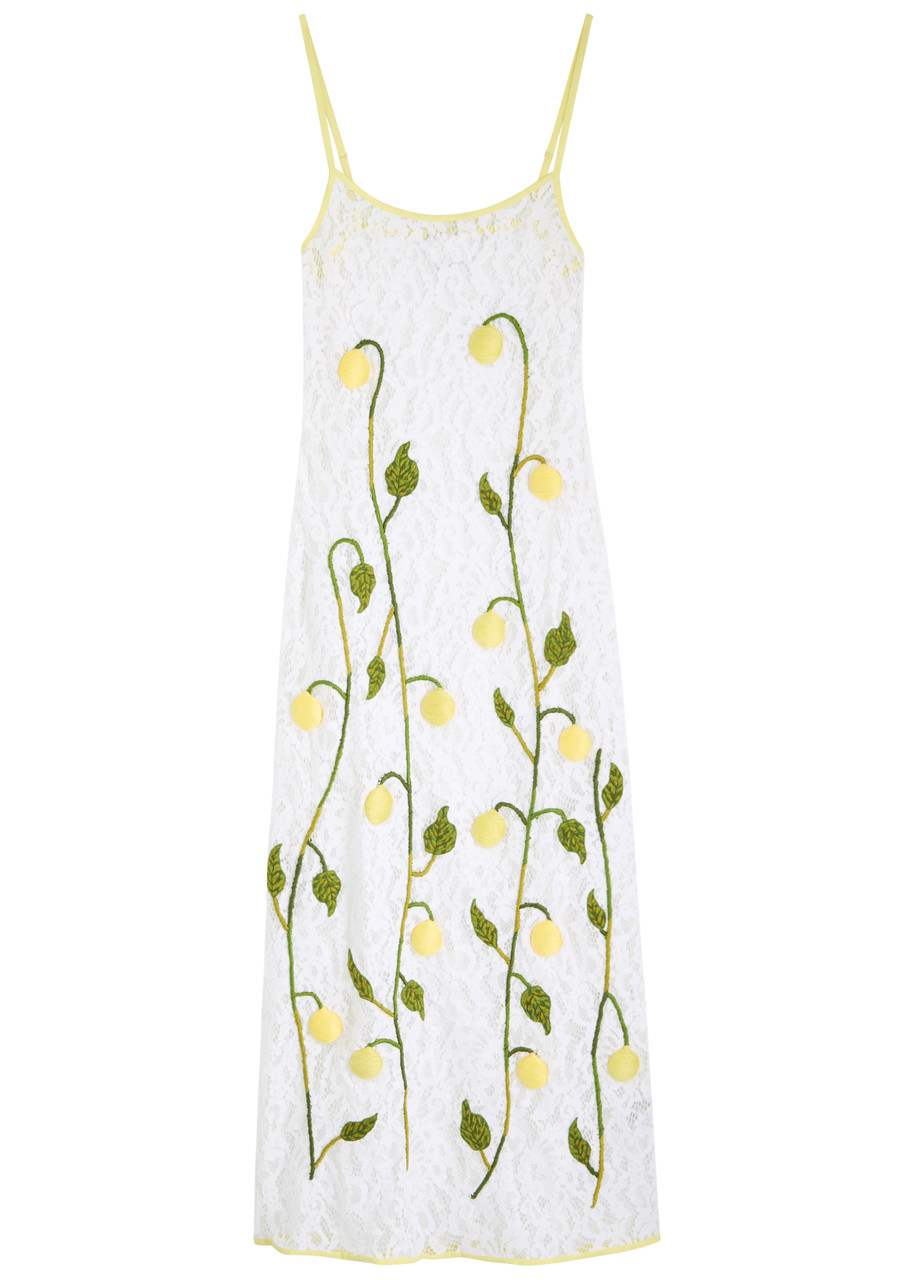 Leslie Amon Under The Lemon Tree Embroidered Midi Dress - White - L (UK14 / L)