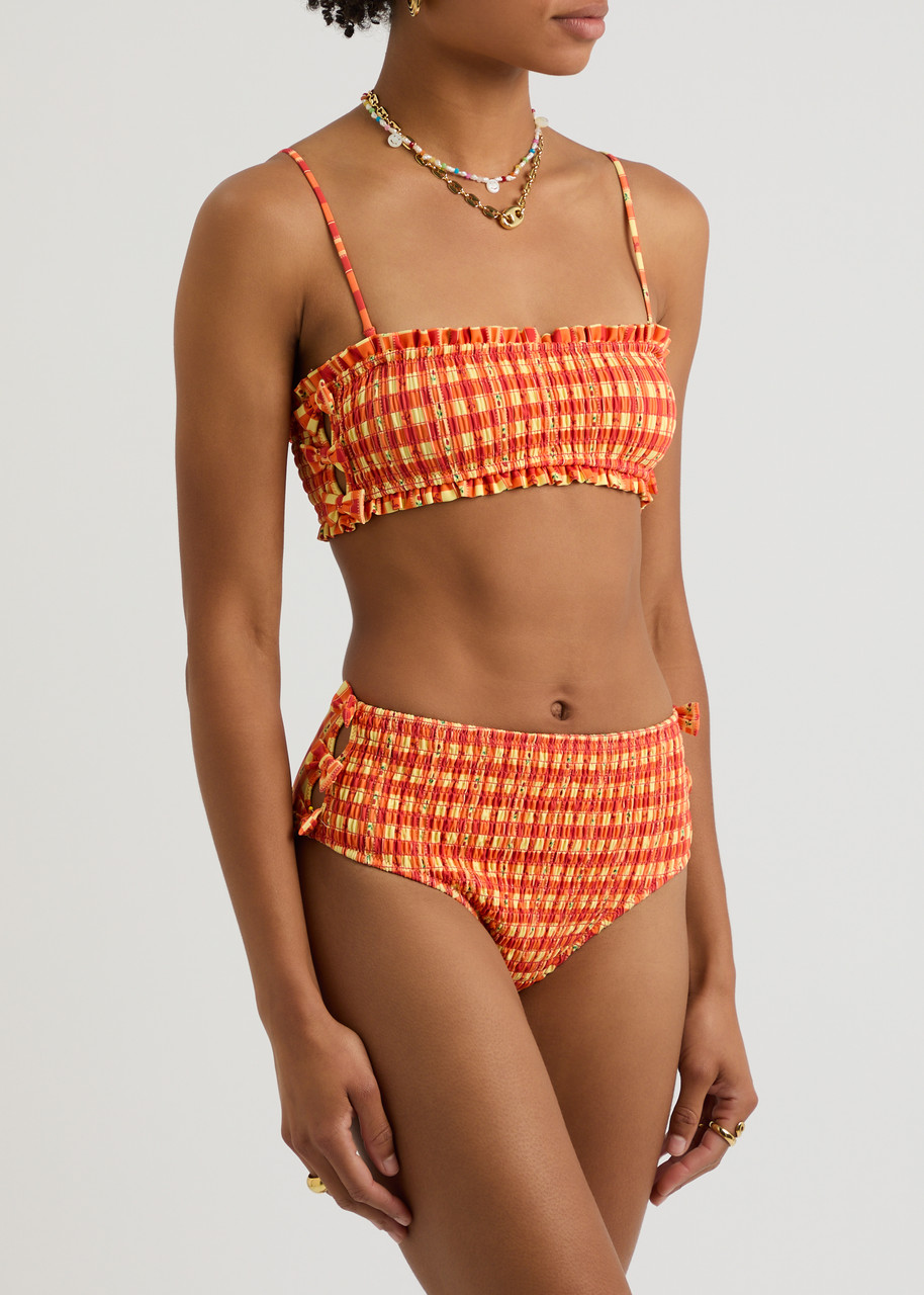 Damson Madder Bow Smocked High Waist Bikini Bottoms In Orange