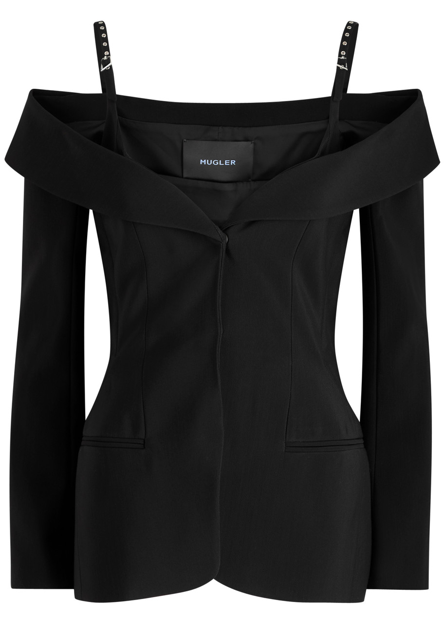 Mugler Off-the-shoulder Woven Blazer In Black
