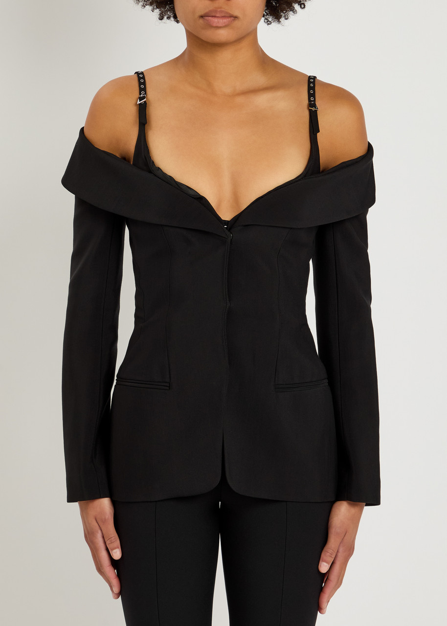 Mugler Off-the-shoulder Woven Blazer In Black