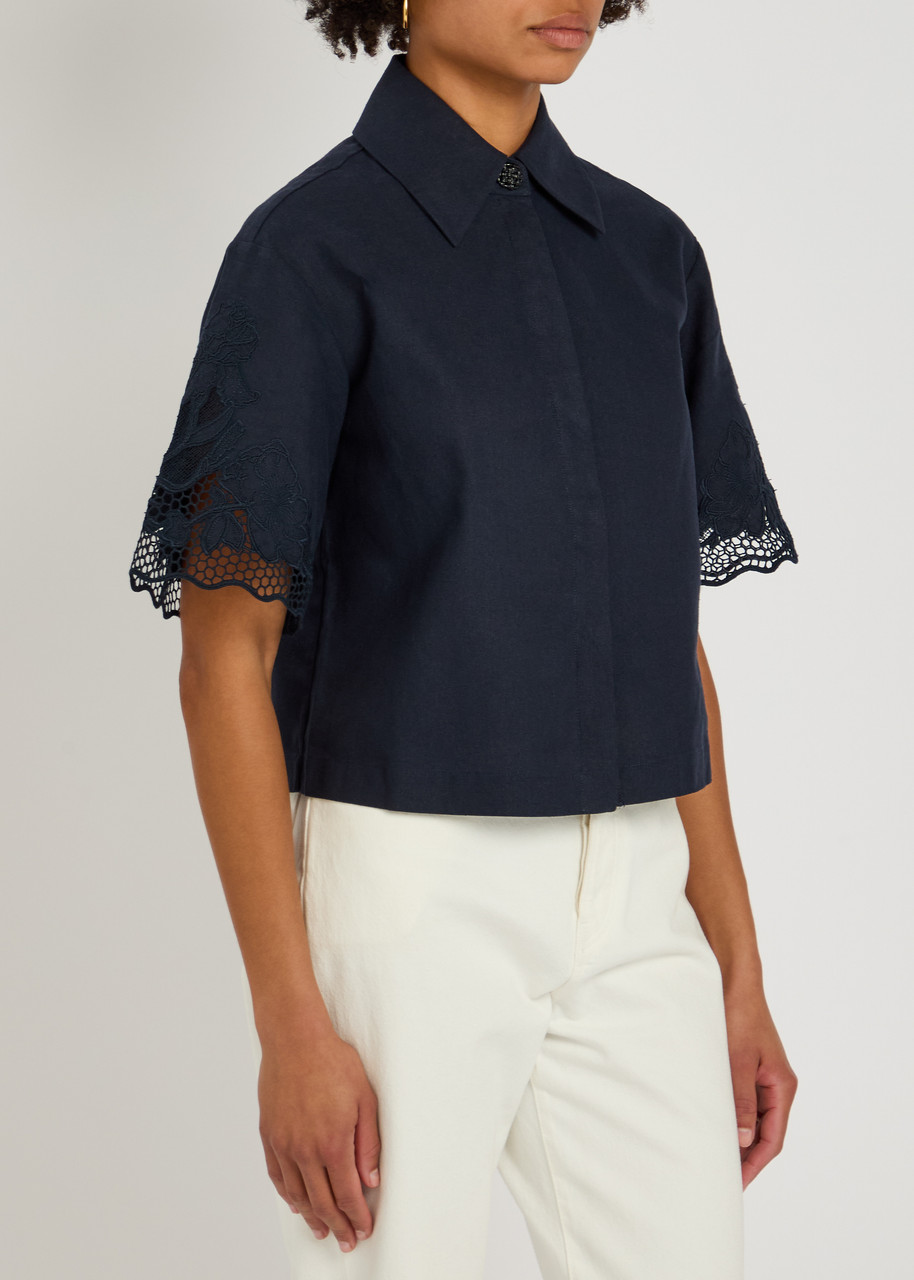 Clea Daphne Embroidered Linen-blend Shirt In Navy