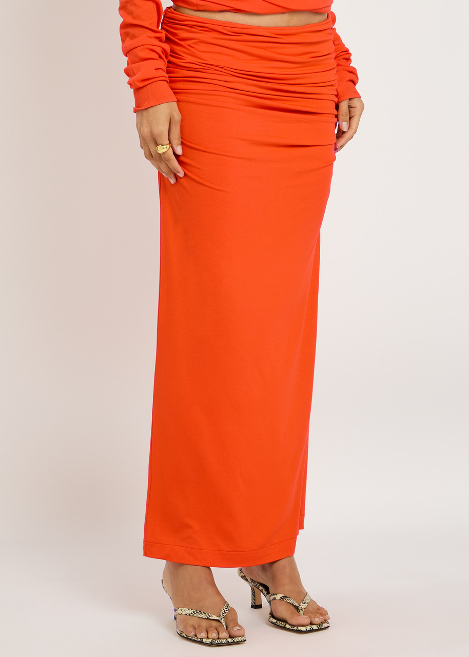 Entire Studios Surge Ruched Stretch-jersey Maxi Skirt In Orange