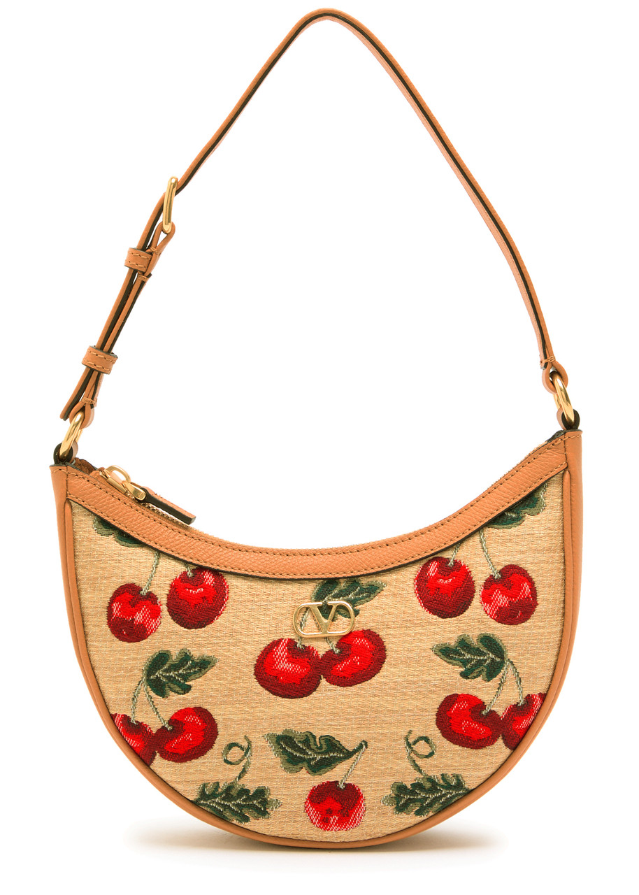 Valentino Hobo Mini Cherry-jacquard And Leather Shoulder Bag In Natural