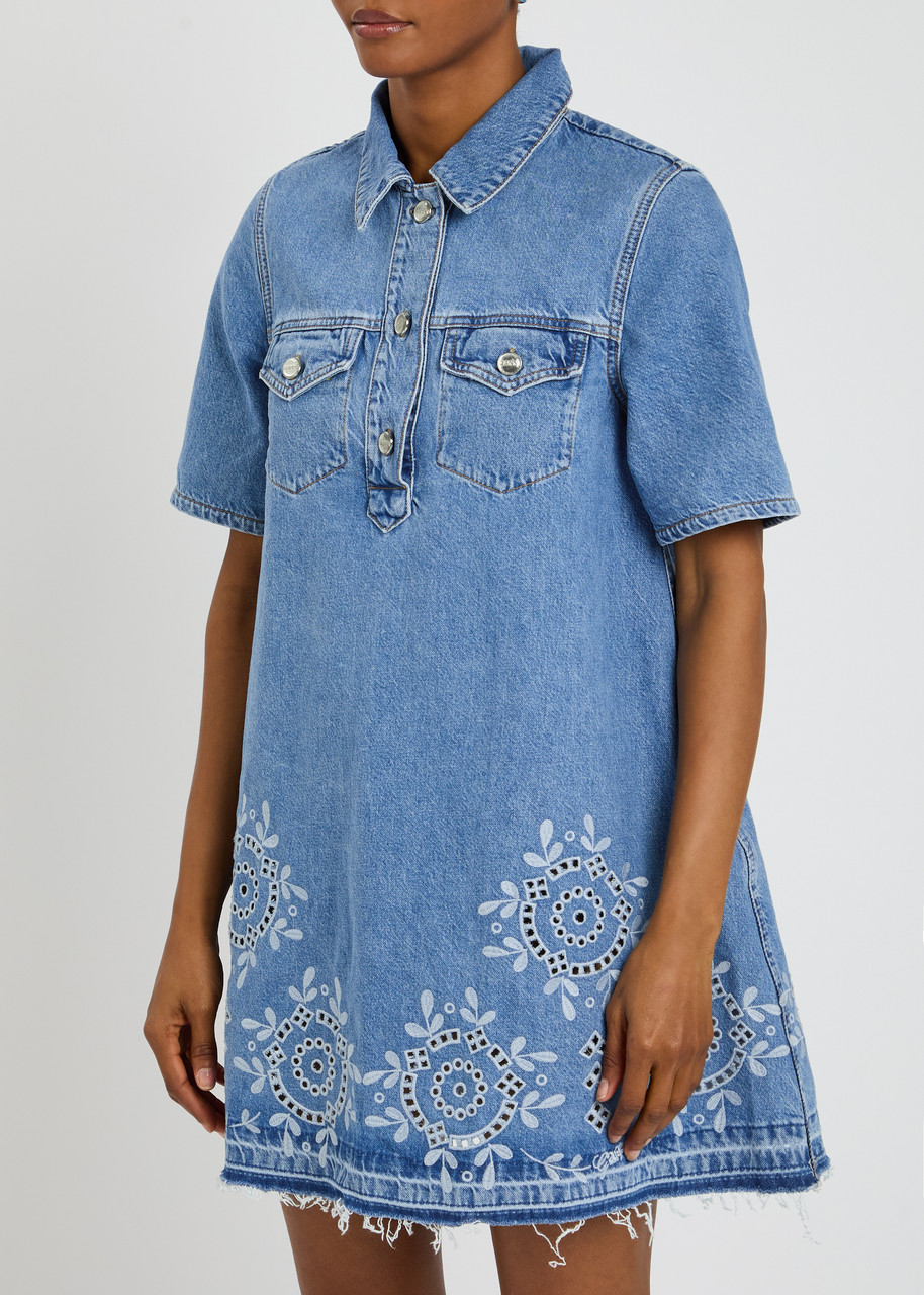 Ganni Denim Dress With Embroidered Hem And Pockets