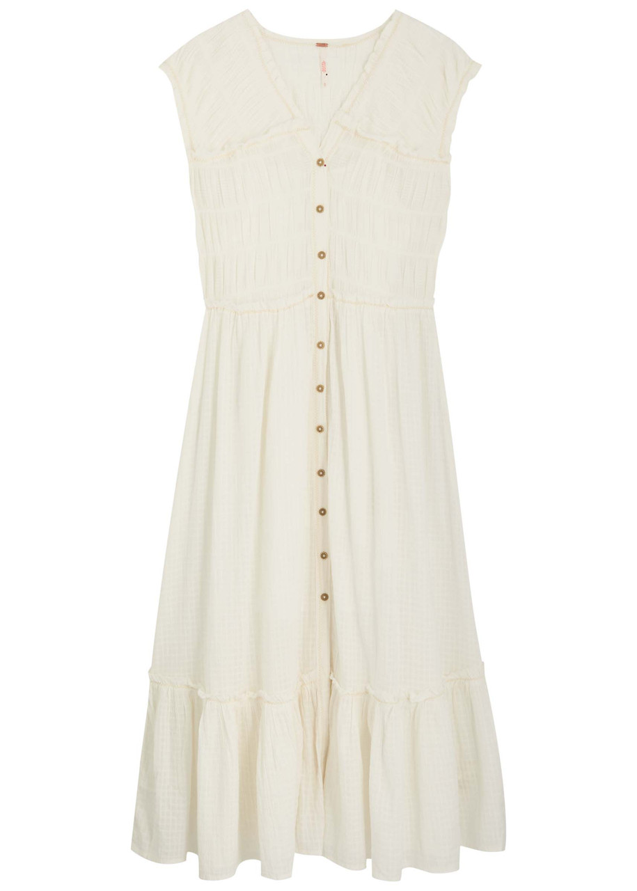 Free People Desert Dazed Seersucker Midi Dress - Ivory - L (UK14 / L)