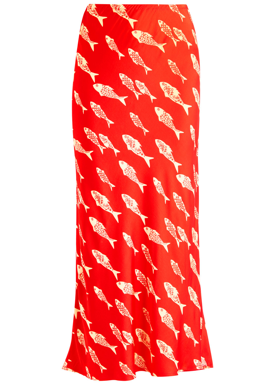 Never Fully Dressed Marina Dorris Printed Satin Midi Skirt - Red