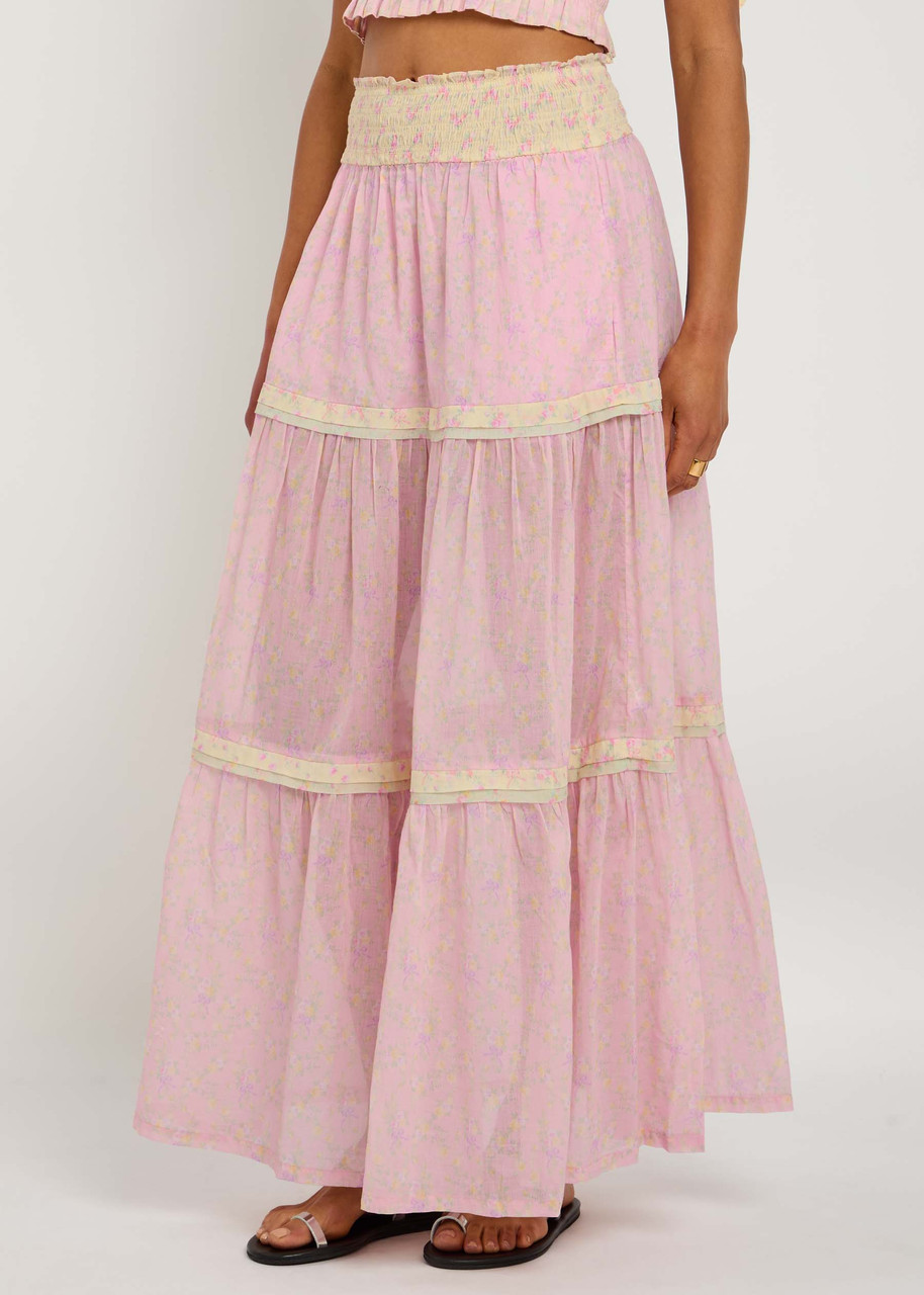 Loveshackfancy Phia Cotton Mixed Print Maxi Skirt In Taffy Twist