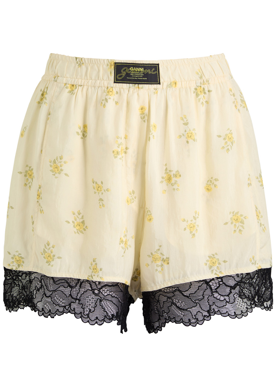 Ganni Viscose Shorts With Floral Pattern And Lace Trim In Yellow