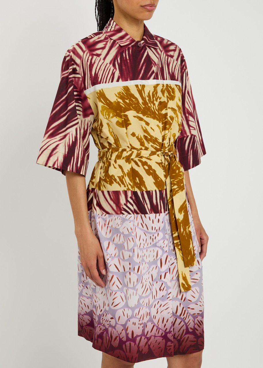 Dries Van Noten Womens Burgundy Abstract-print Belted Cotton-poplin Midi Dress