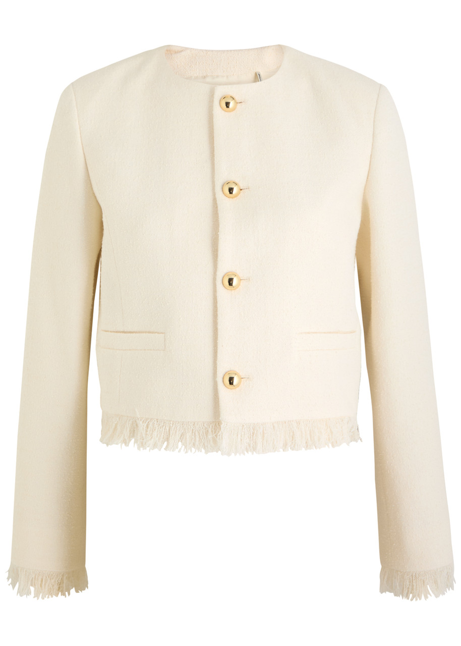Frame Womens Fringed Cropped Tweed Jacket White