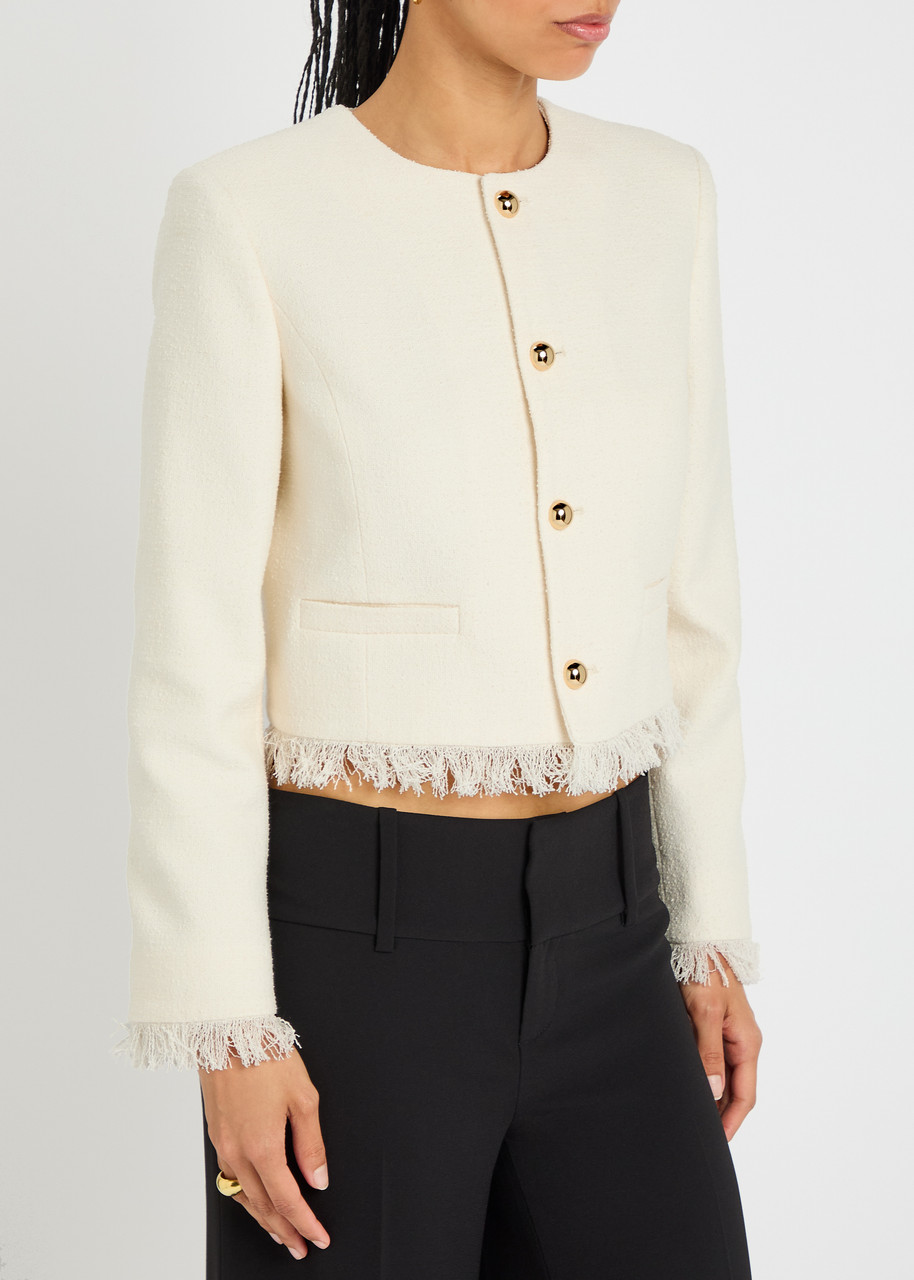 Frame Womens Fringed Cropped Tweed Jacket White