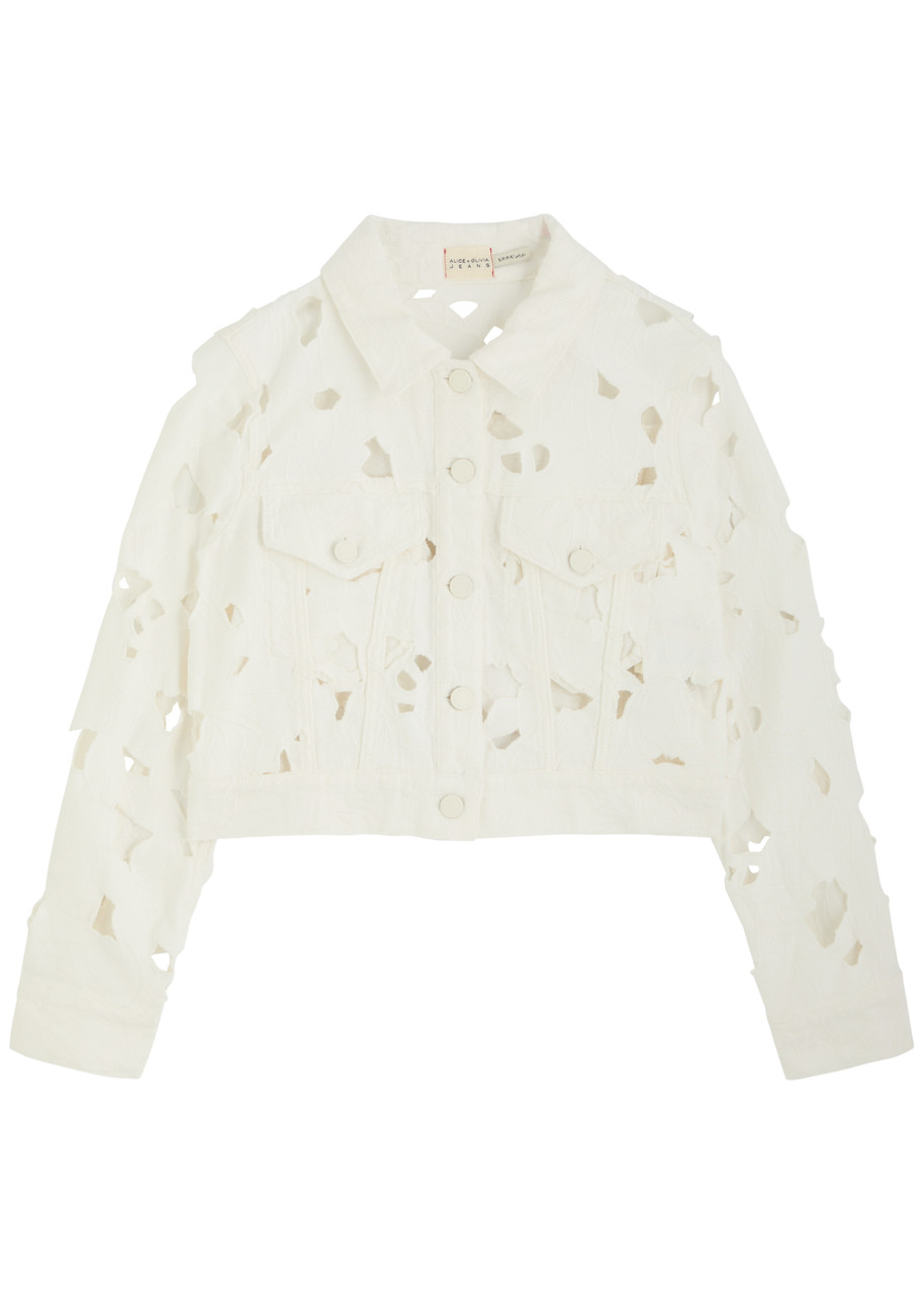 Alice And Olivia Alice + Olivia Chloe Floral-embroidered Cropped Denim Jacket In Gray