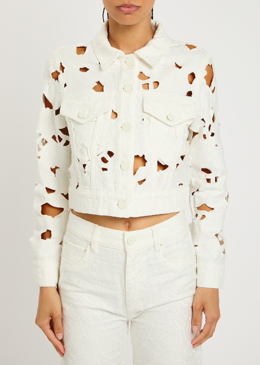 Alice And Olivia Alice + Olivia Chloe Floral-embroidered Cropped Denim Jacket In Gray
