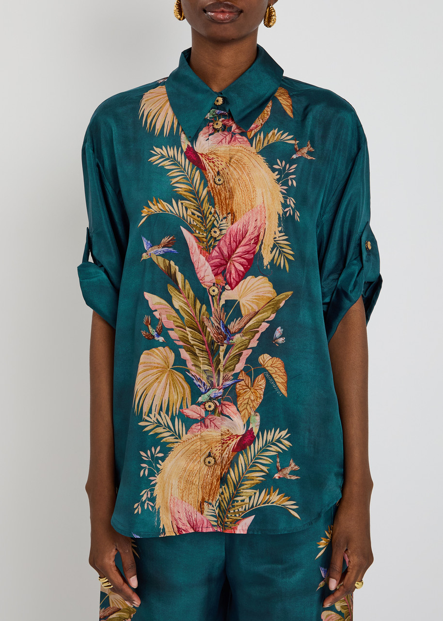 Zimmermann Womens Dark Blue Palm Floral Ascension Relaxed-fit Silk Shirt Xs In Multi