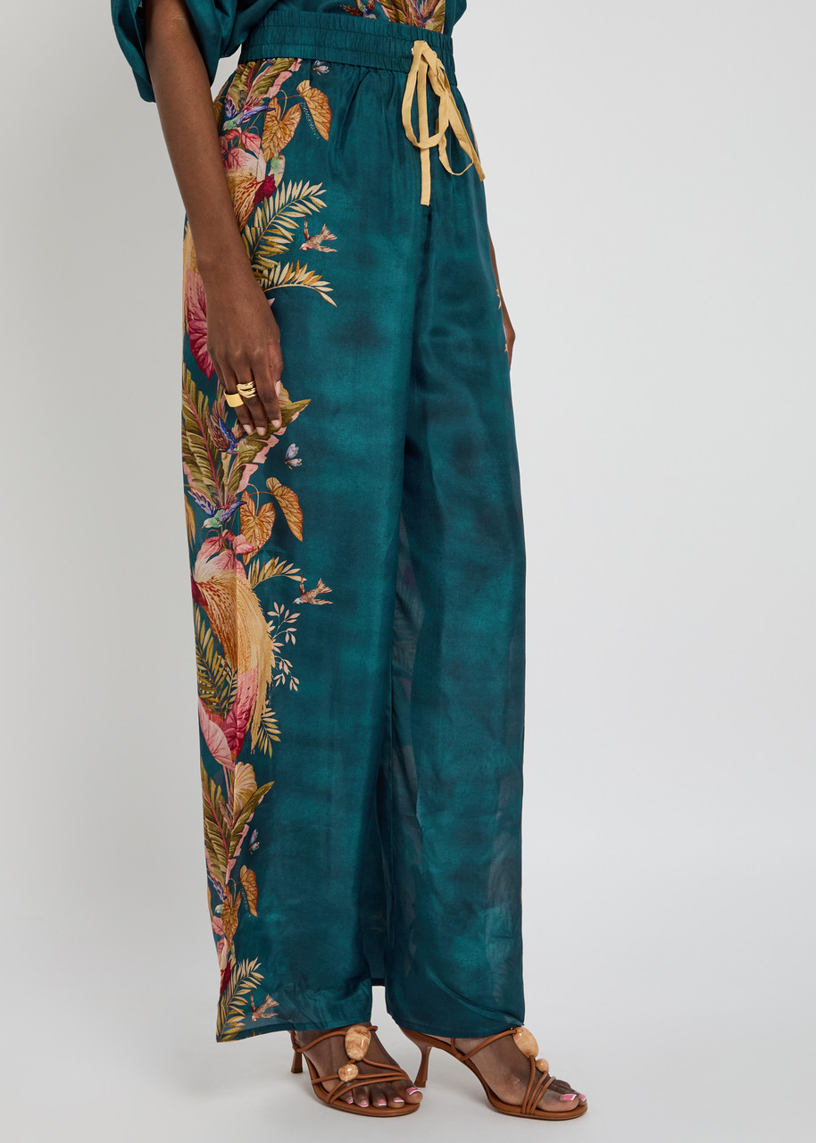 Zimmermann Womens Dark Blue Palm Floral Ascension Relaxed-fit Silk Trousers