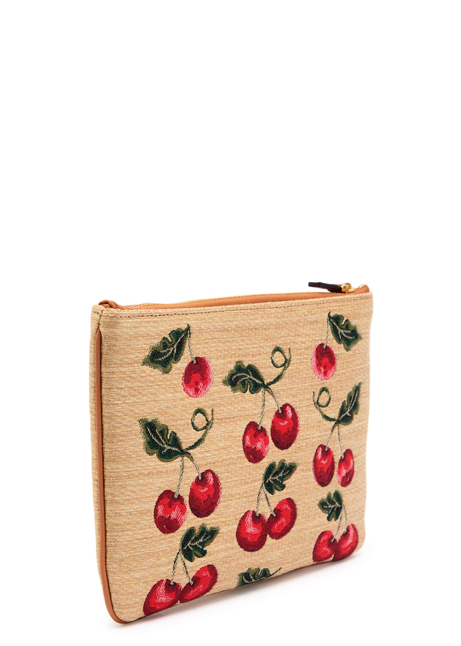 Valentino Garavani Cherry-jacquard Raffia And Leather Pouch