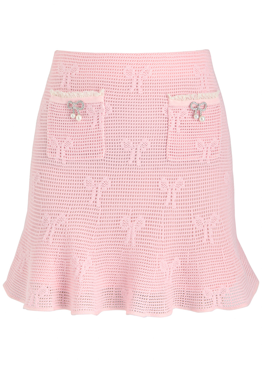 Self-portrait Bow-intarsia Knitted Cotton-blend Mini Skirt - Pink - XS (UK6 / XS)