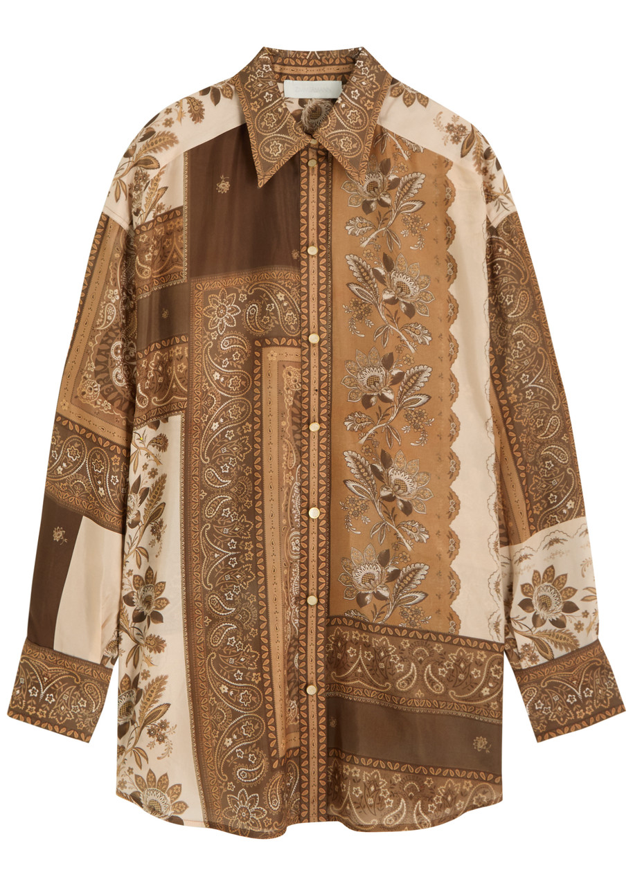 Zimmermann Lucky Brown Shirt With Classic Collar And All-over Floral Print In Silk Woman